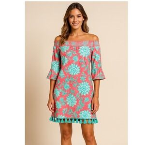 Cabana Life Pink Teal Floral Off Shoulder Tassel Dress Sz Medium vacation resort